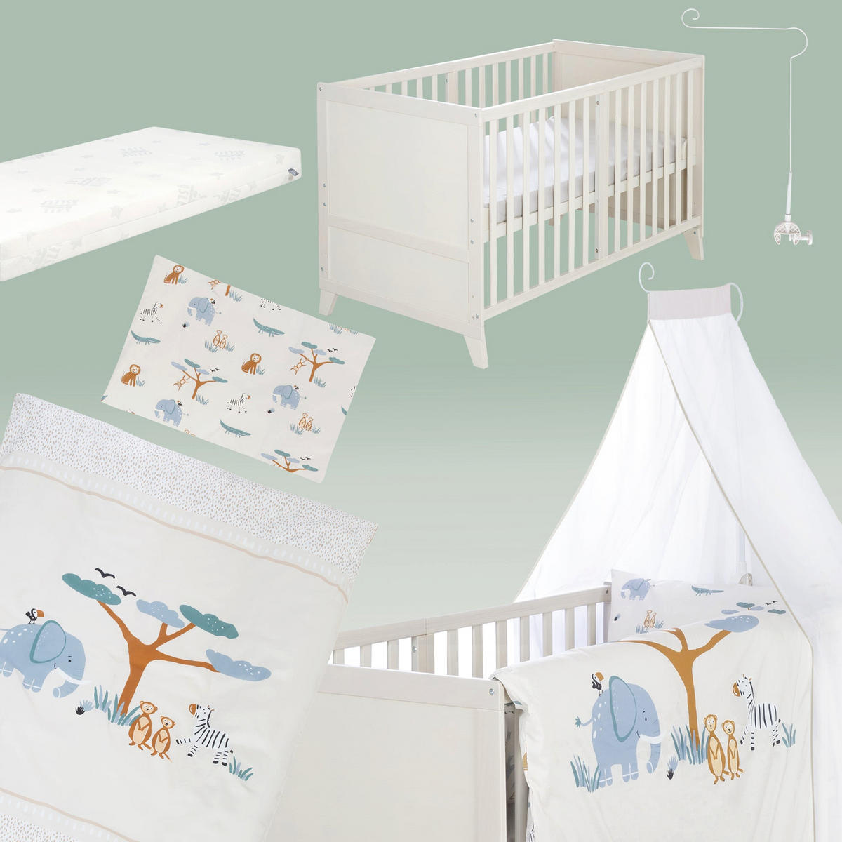 BABYBETT 'Savanna Friends' 70 x 140 inkl. kompletter Ausstattung - Naturgrau / Beige - Weiß, Holz (70/140cm) - Roba