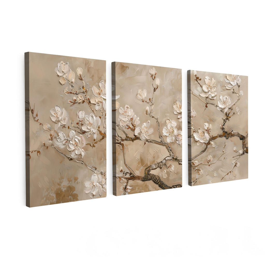 MuchoWow OBRAZ NA PLÁTNĚ 3dílná sada Béžová - Blossom - Moderní 120x60 cm