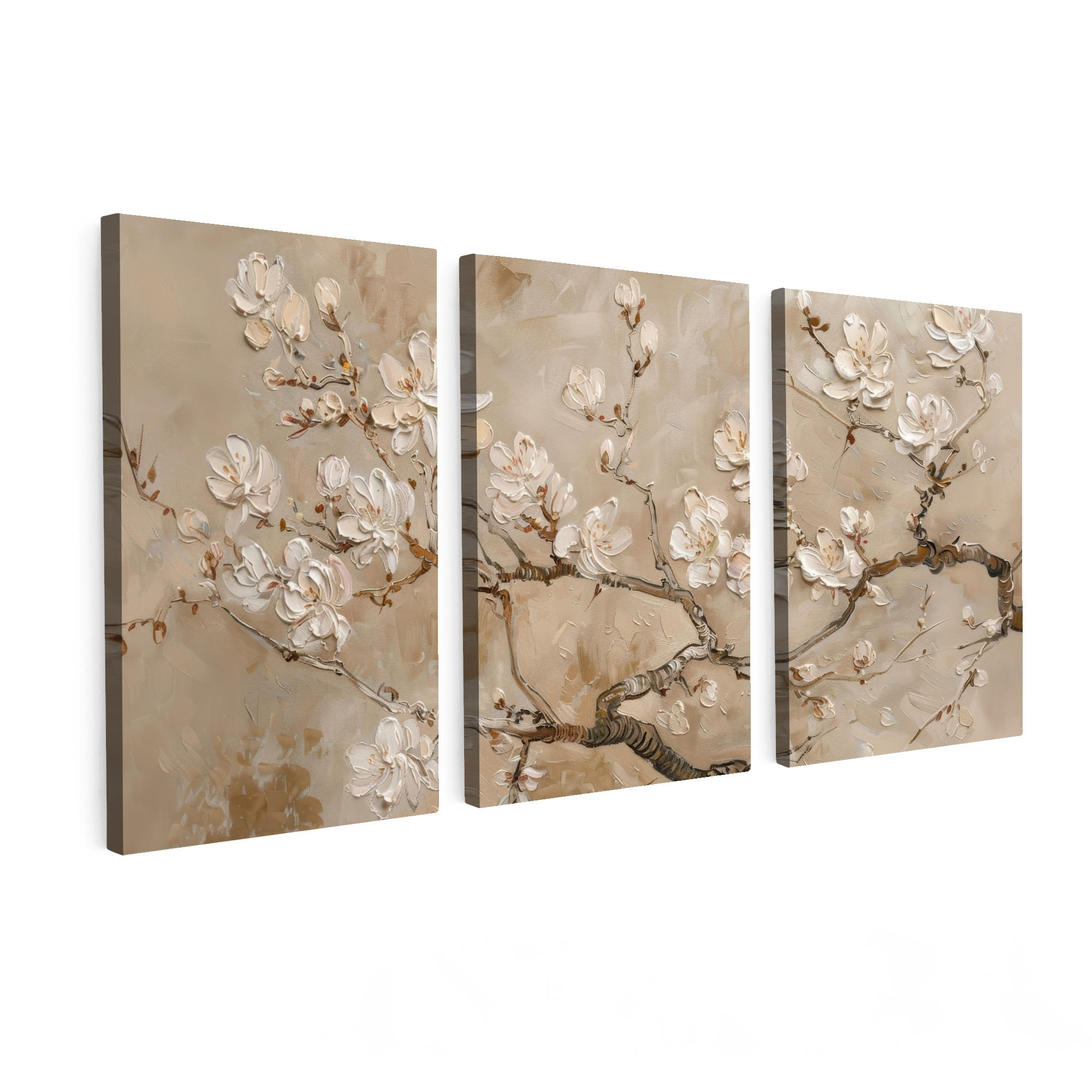 OBRAZ NA PLÁTNĚ 3dílná sada Béžová - Blossom - Moderní 120x60 cm - béžová, textil (120/60cm) - MuchoWow