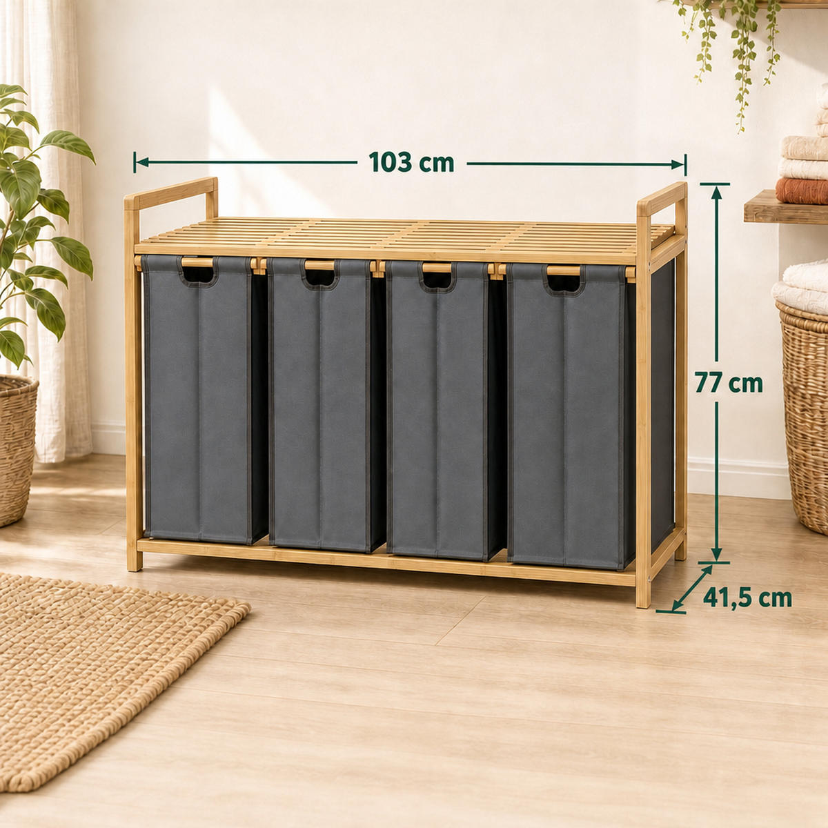 WÄSCHESAMMLER Natur-Grau 4er-Set 1-Ablage Bambus - Multicolor, Holz/Textil (103/77/41.5cm) - Relaxdays
