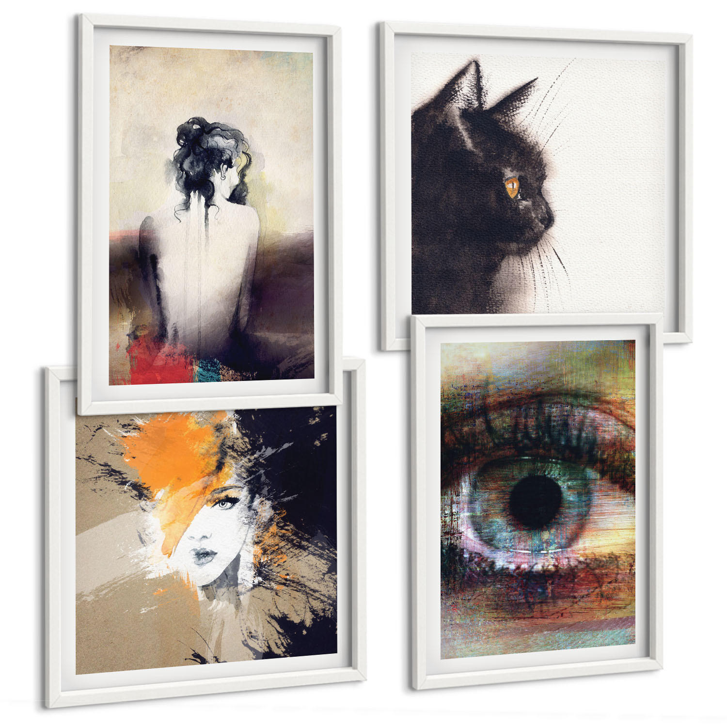 BILDER SET 4er Set - 50x50 cm & 40x60 cm Weißer Rahmen - Porträt einer Frau, Auge, Farben, Emotionen - Weiß, Kunststoff (50/50cm) - TULUP