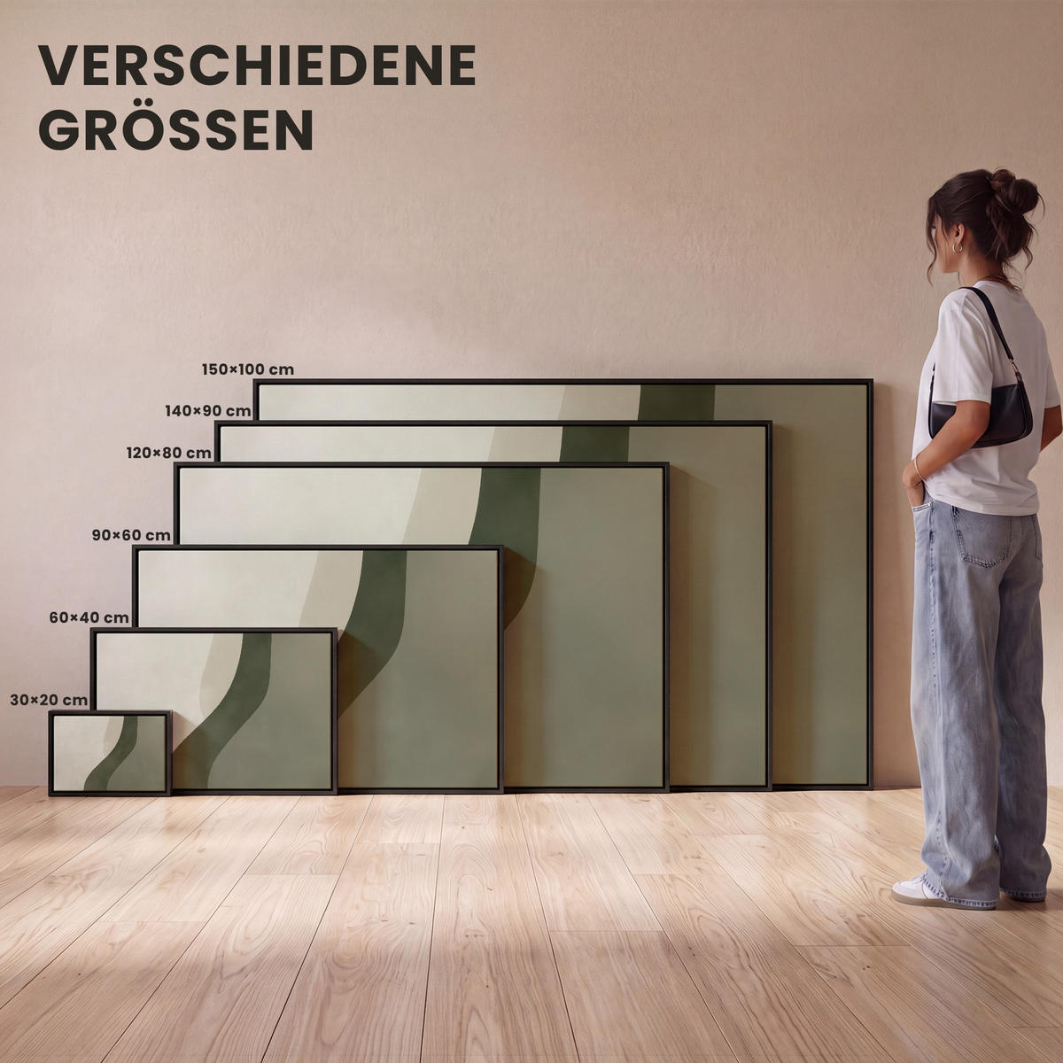 LEINWAND Bilder mit Rahmen - Japandi - Grün - Abstrakt - Modern - 30x20 - Salbeigrün, Textil (30/20cm) - MuchoWow