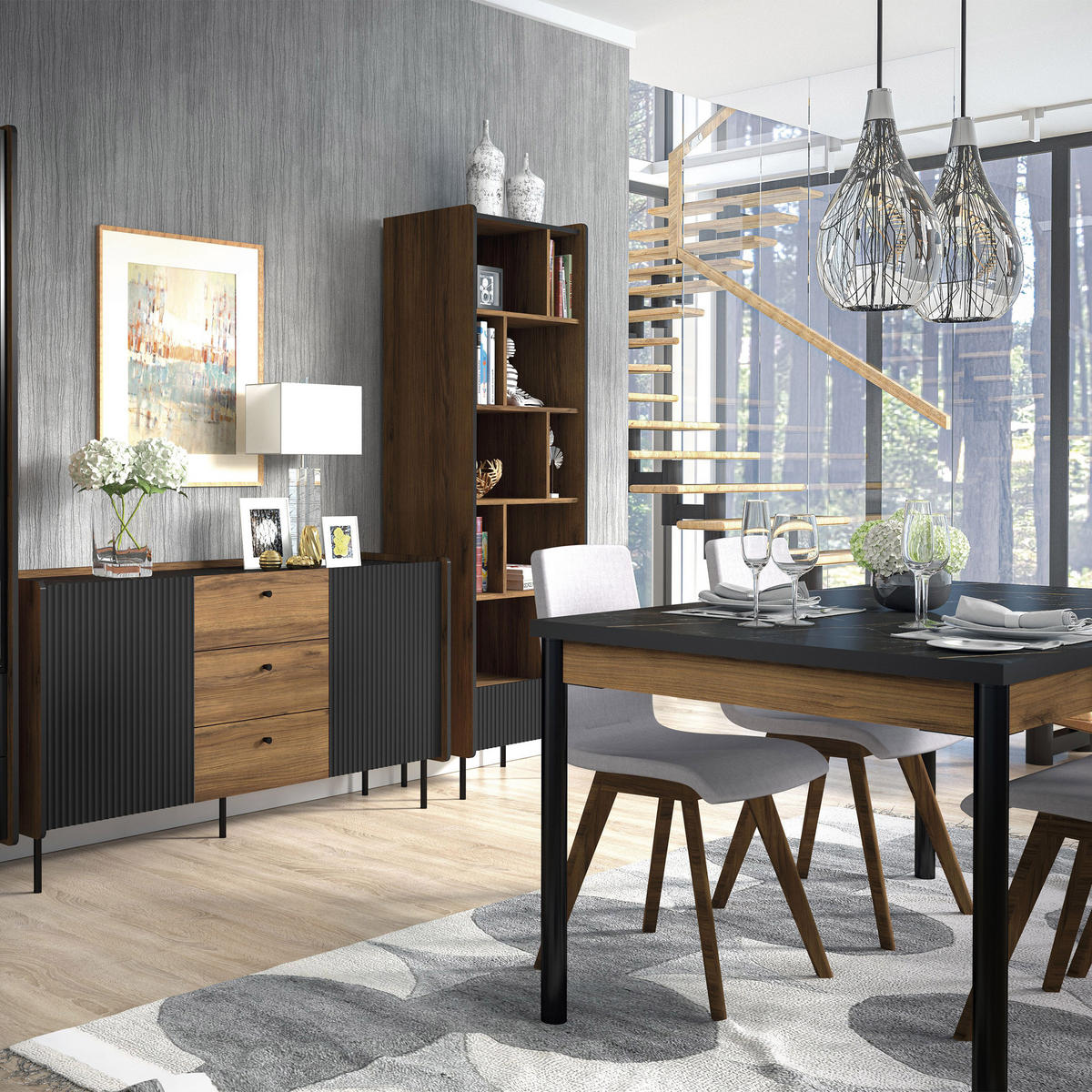 NACHTTISCH Piano mit 2 Schubladen, Mattschwarz + Warmia-Nussbaum - Dunkelbraun/Schwarz, Holzwerkstoff (42/50/40cm) - Beautysofa