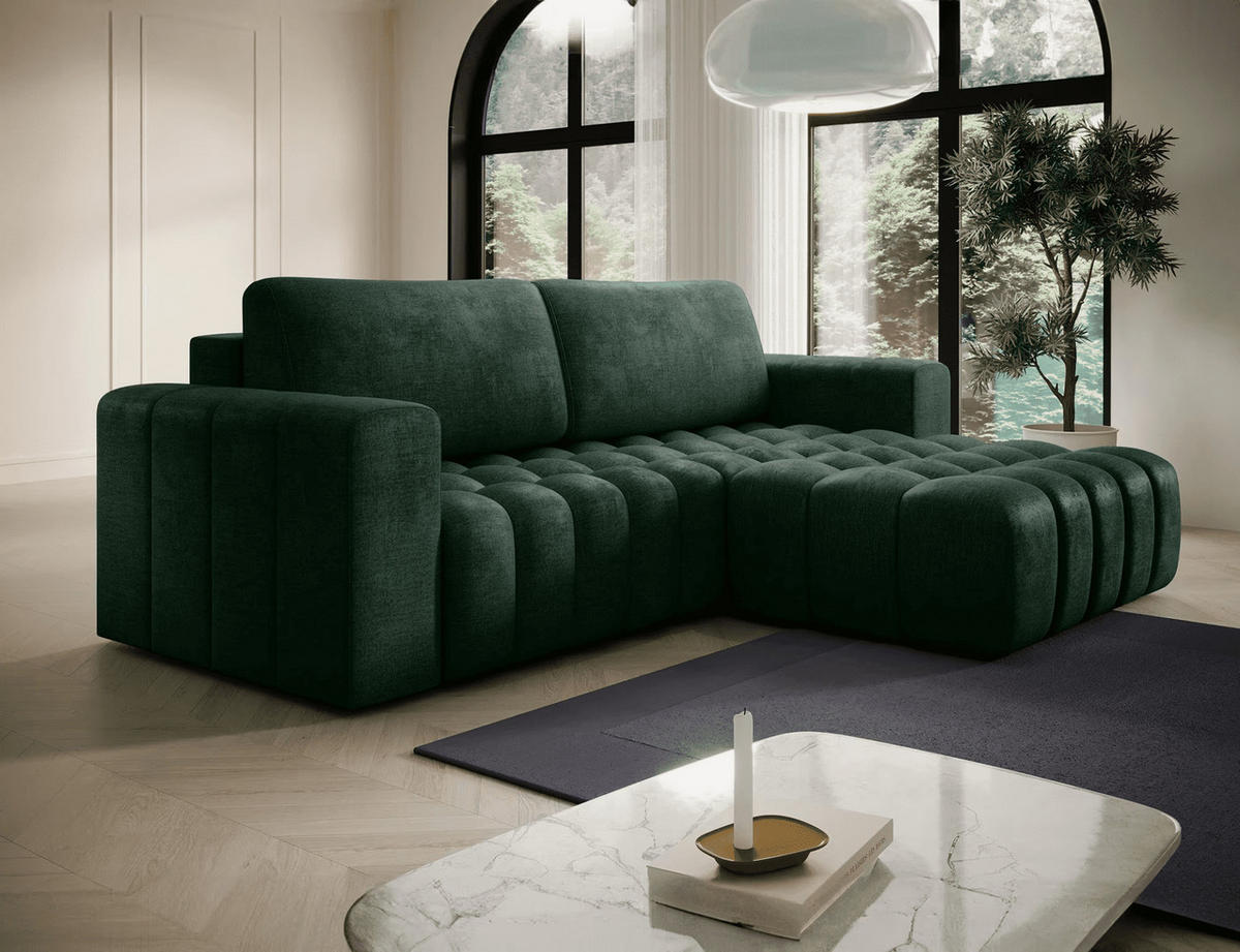 ECKSOFA mit Schlaffunktion und Bettkasten, Velours-Stoff - Dunkelgrün/Schwarz, Textil (175/250cm) - Eltap