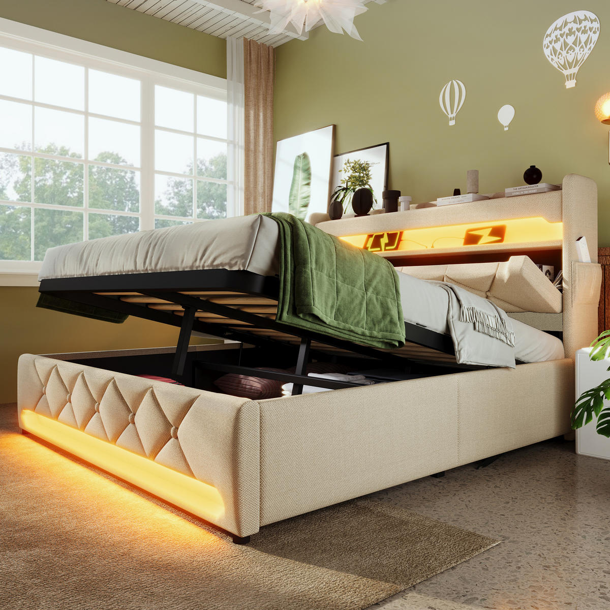 OBLAZINJENA postelja 140/190 cm z LED osvetlitvijo, USB-C polnjenjem in hidravličnim shranjevanjem, Bež - bež, tekstil (140/190cm) - Redom