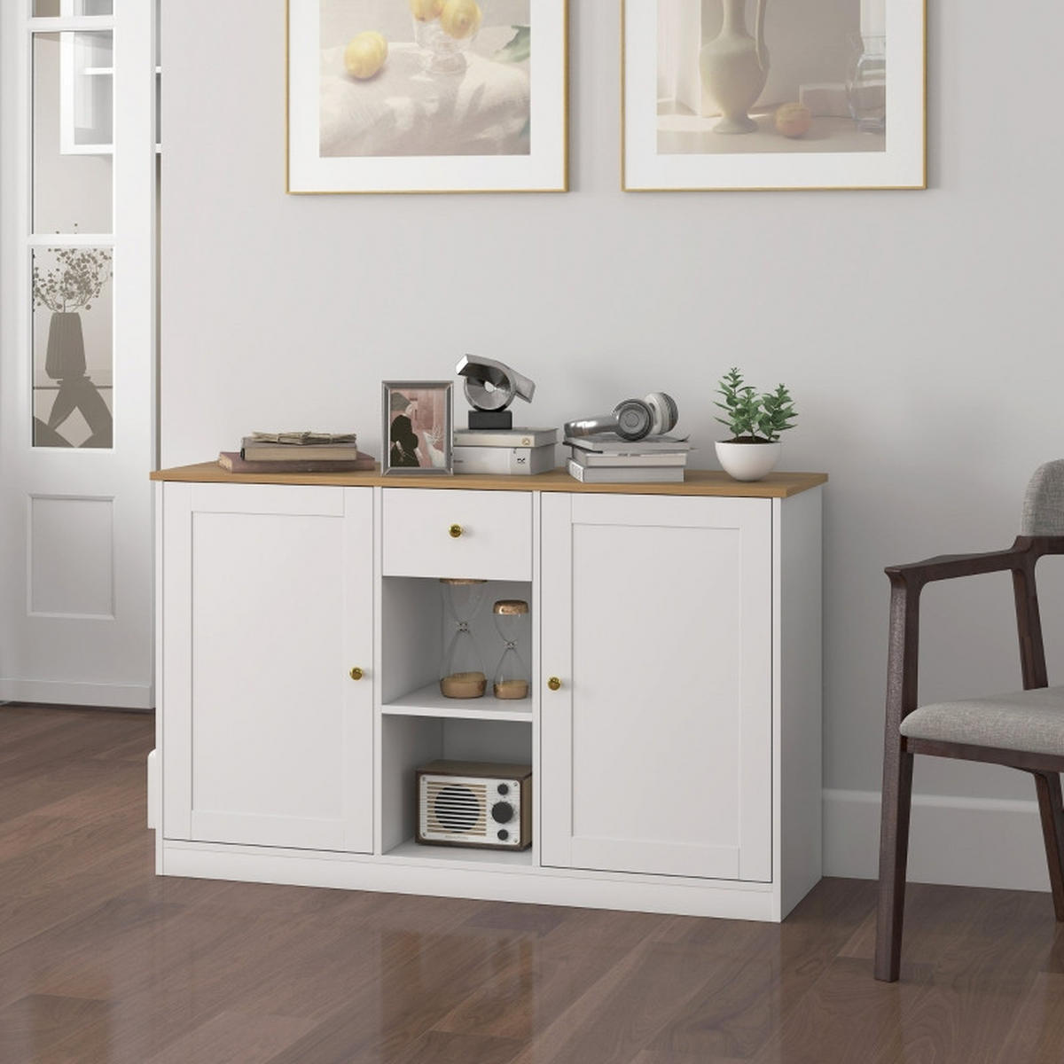 SIDEBOARD DE-38788 120/35/75,2 cm Schublade und 2 Türen und 2 Ablagen Weiß/Gold - Weiß, Holzwerkstoff (120/75.2/35cm) - ComfortXL