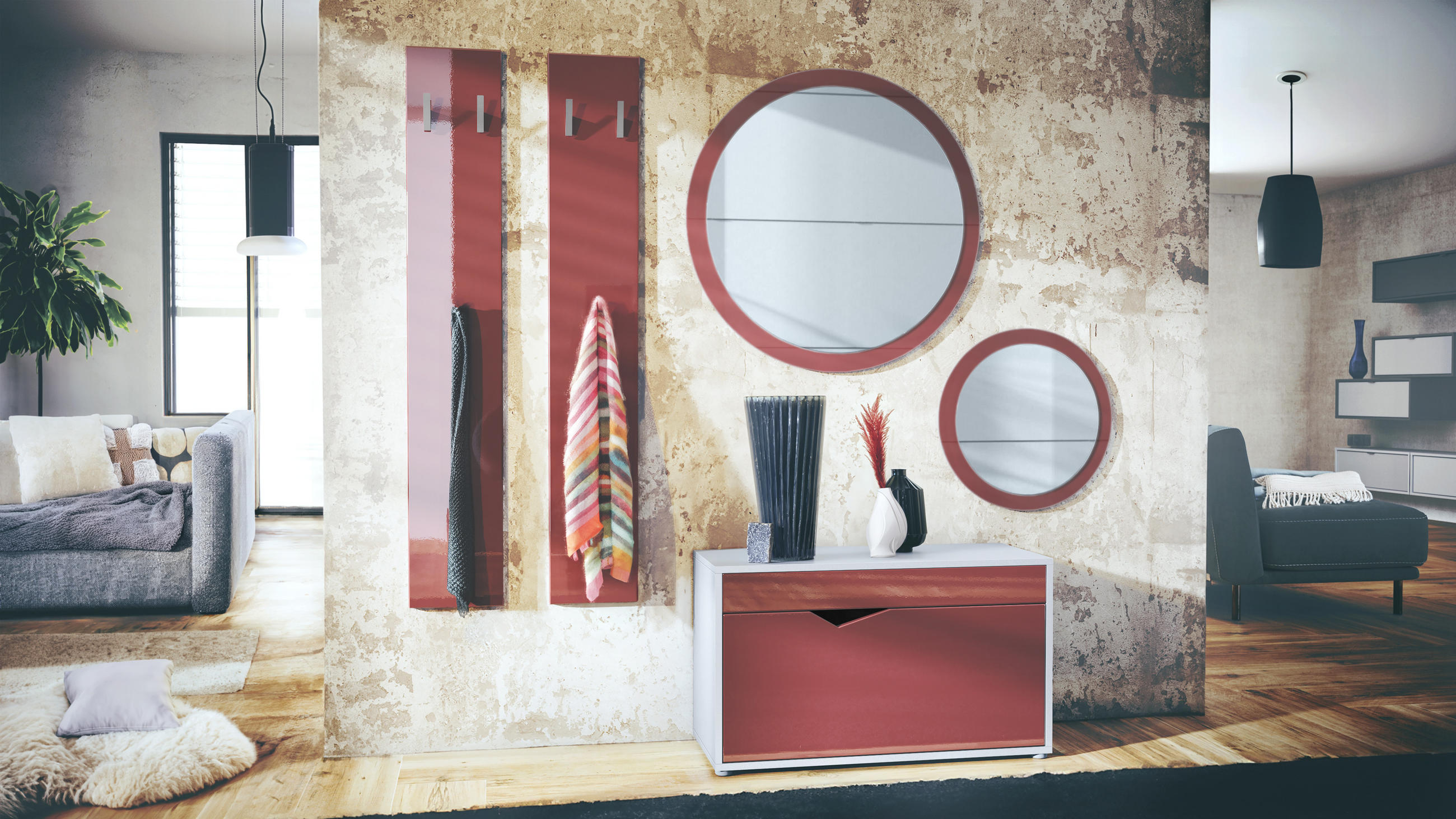 GARDEROBE Espoo Bordeaux Hochglanz - Bordeaux, Holzwerkstoff (200/200/33cm) - Vladon