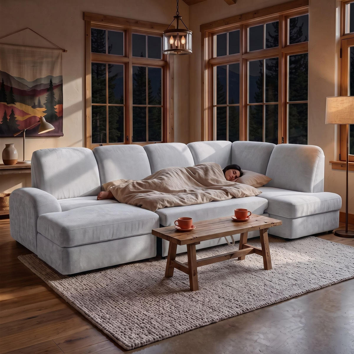 ECKSOFA VIBE U Rechts mit Schlaffunktion 129x263 Chenille Hellgrau - Hellgrau/Schwarz, Holz/Kunststoff (186/102/280cm) - Muffo