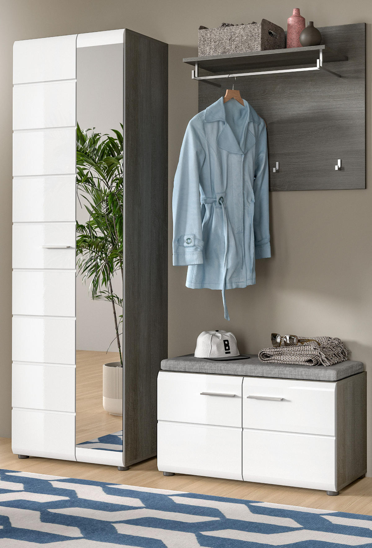 GARDEROBE Set 3-teilig weiß Hochglanz, grau 155 cm, Komplettset mit viel Stauraum - Weiß Hochglanz/Silberfarben, Glas/Holzwerkstoff (155/192/37cm) - Inn.Furn