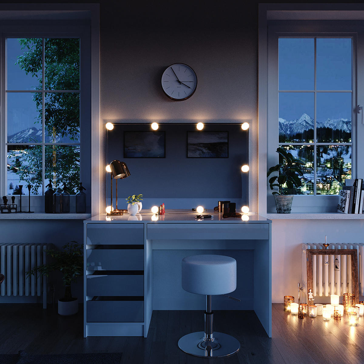 SCHMINKTISCH Sherry Weiß 120 cm mit LED Beleuchtung und Hocker - Weiß, Holzwerkstoff (55/75/120cm) - Vicco