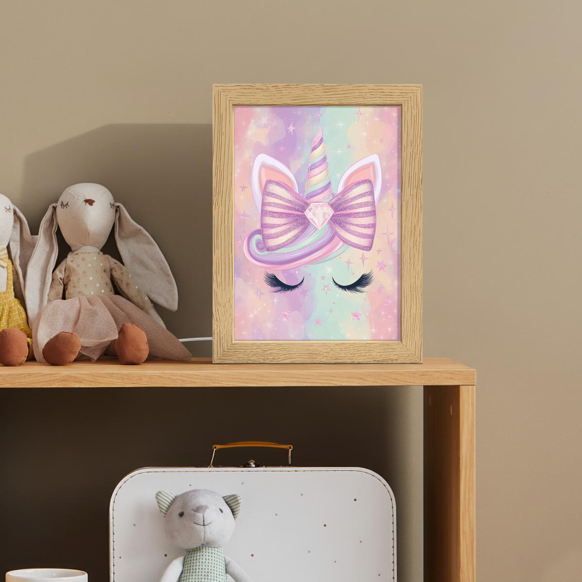 NACHTTISCHLAMPE Einhorn - Glitzer - Regenbogen - Pastell 15x20 cm - Hellrosa, Holzwerkstoff (8/15/20cm)