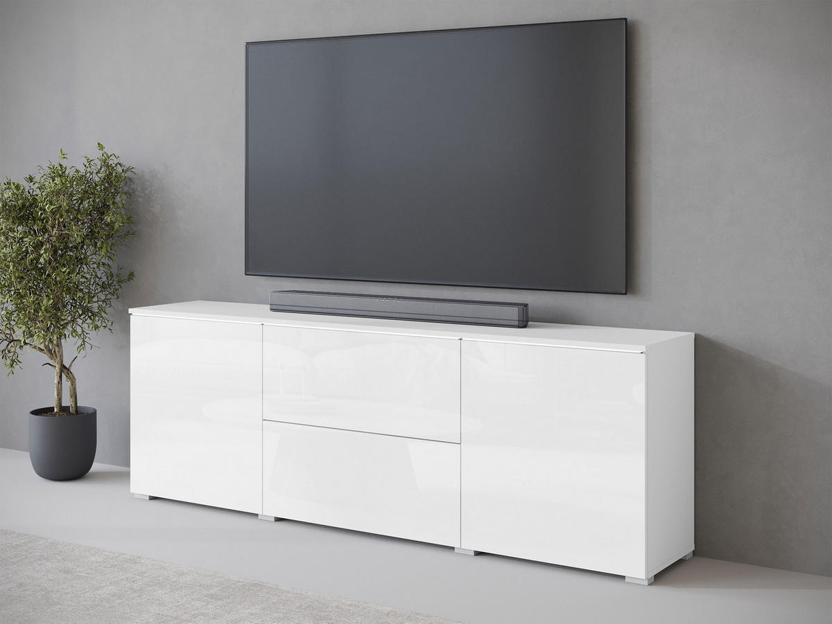 TV-LOWBOARD Vera 180 mit weißer LED Beleuchtung - Weiß Hochglanz/Silberfarben, Holzwerkstoff/Kunststoff (180/62/35cm) - MIRJAN24