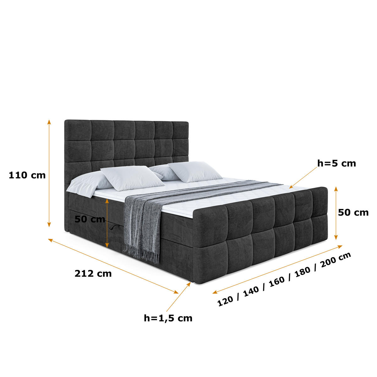 BOXBETT BRUGO-Z - 160 x 200 - H4 - Schwarz - Schwarz, Holzwerkstoff (160/200cm) - ALTDECOR