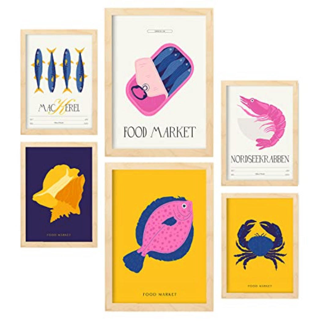 POSTER Set Mit 6 Lebensmittel Und Ernährungs Meeresfrüchte Natur Und Botanikdrucke Für Innenarchitektur A3 & A4 Rahmen Aus Hellem Holz - Beige, Papier (29/3cm) - Nacnic
