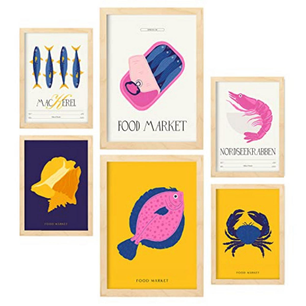 POSTER Set Mit 6 Lebensmittel Und Ernährungs Meeresfrüchte Natur Und Botanikdrucke Für Innenarchitektur A3 & A4 Rahmen Aus Hellem Holz - Beige, Papier (29/3cm) - Nacnic
