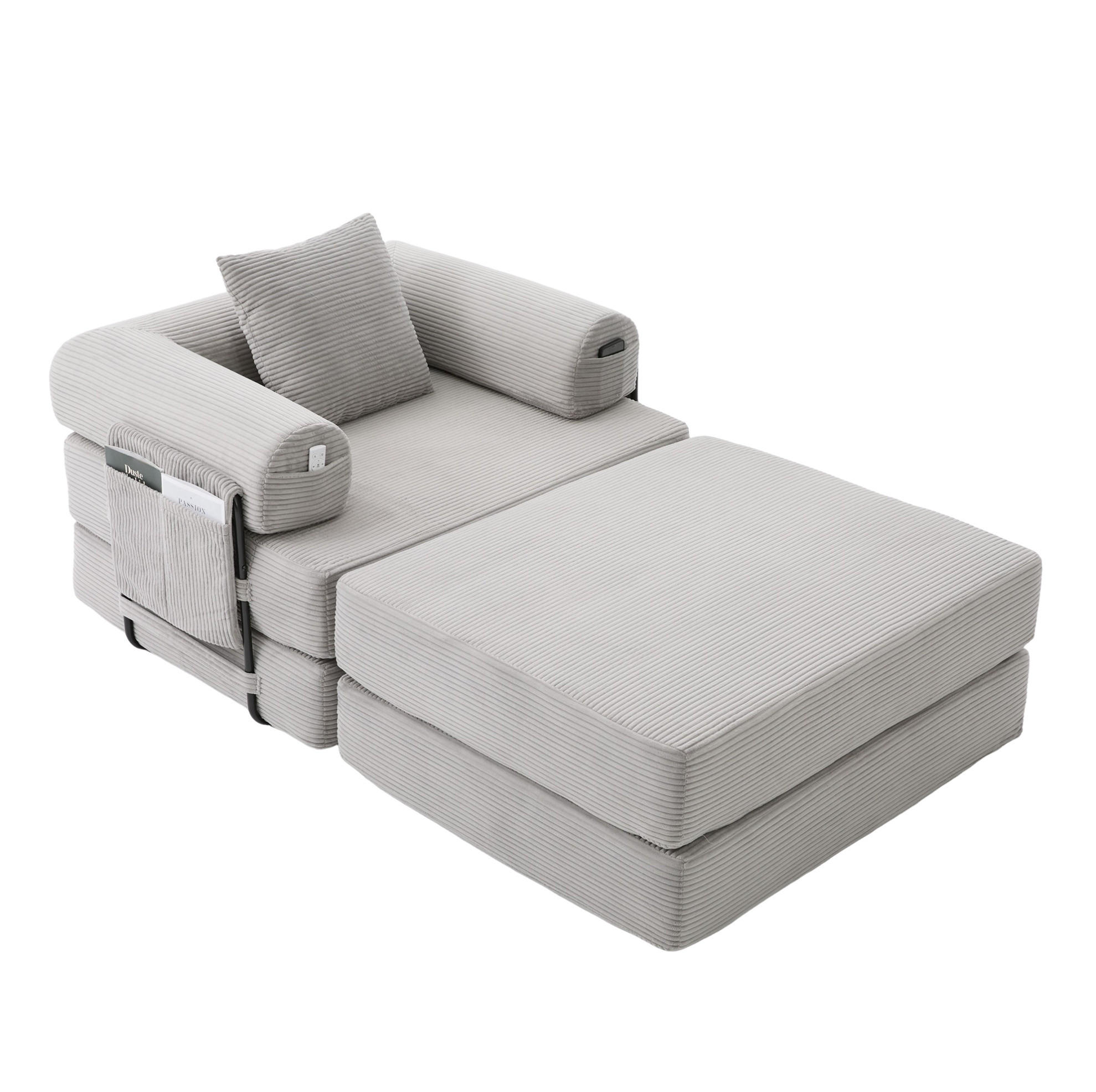 SESSEL mit Hocker aus Cord 112x190x67 cm Hellgrau flexibel kombinierbar, ergonomisch und montagefrei - Hellgrau, Textil (112/67/190cm) - Modfu