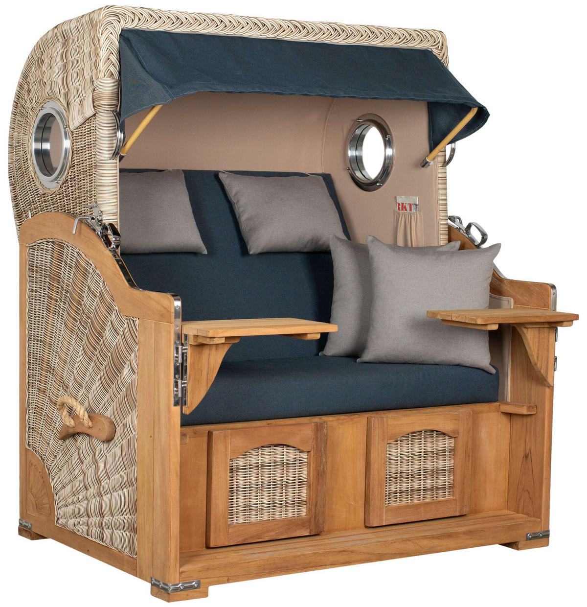 STRANDKORB XXL Düne Grande Teak PE Shell - Blau/Braun, Metall (142/170/95cm) - Mr. Deko