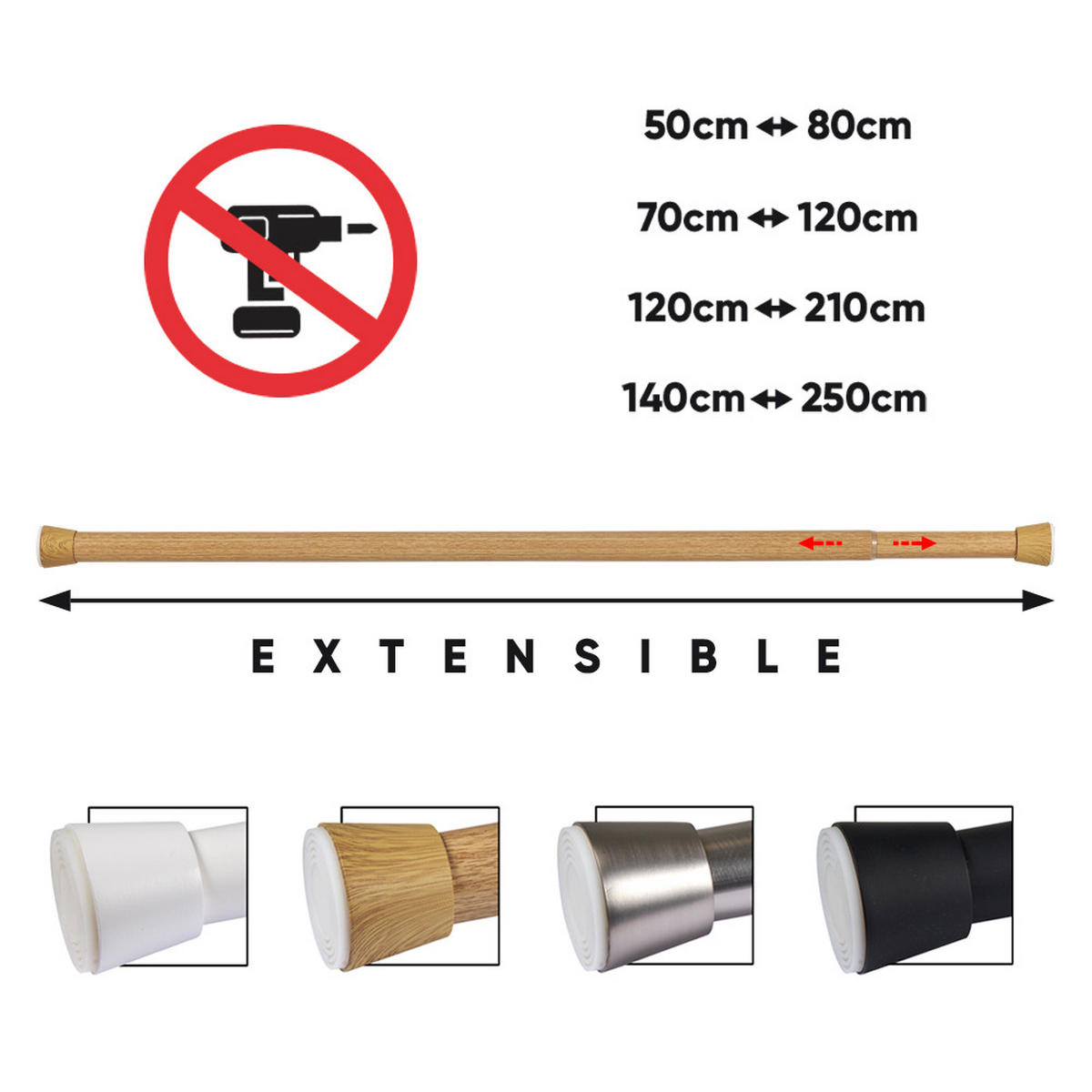 TELESKOP-VORHANGSTANGE mit Spannbefestigung Ø28 mm – Buche (70–120 cm) - Eichefarben, Metall (2.8/120cm) - STORESDECO