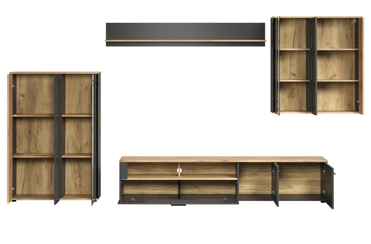 WOHNWAND grau, Evoke Eiche 4-teilig 340 cm, Schrankwand mit viel Stauraum - Eichefarben/Anthrazit, Holzwerkstoff/Kunststoff (167/25/18cm) - Top.Furn