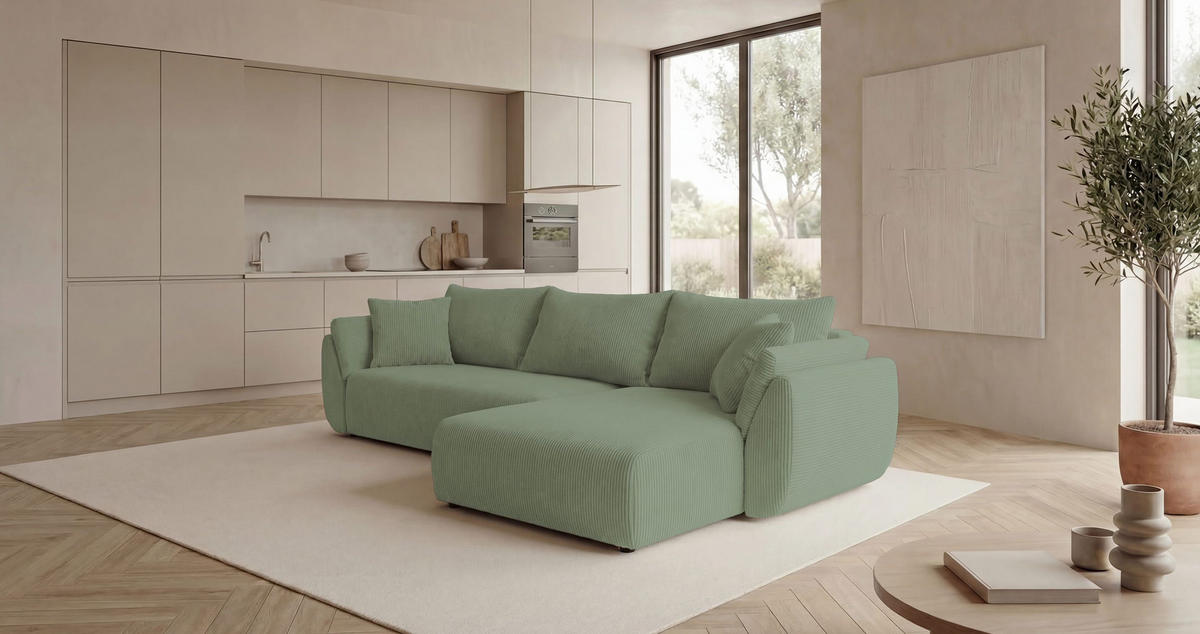 ROHOVÁ pohovka SYDNEY pravá světle zelená manšestr Poso 47 - funkce spaní, úložný prostor - světle zelená, textil (280/175cm) - Cornero