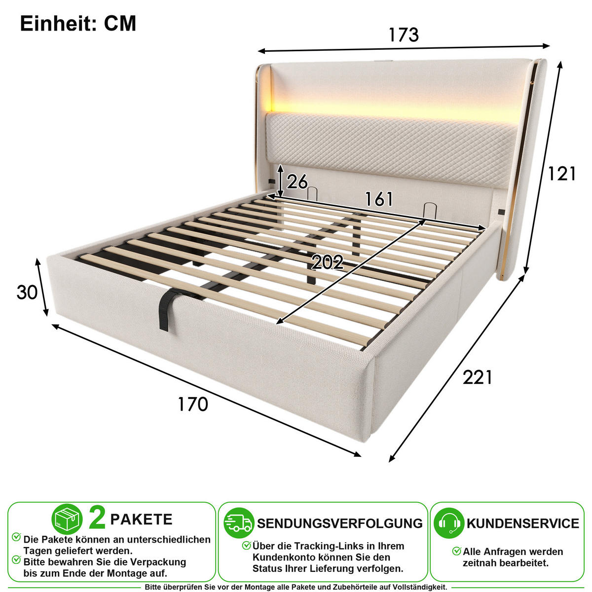 BETT 160/200 cm in Beige mit LED, Bettkasten, USB/Type-C und hohem Kopfteil aus Leinen - Beige, Holzwerkstoff/Textil (160/200cm) - CHICFURN