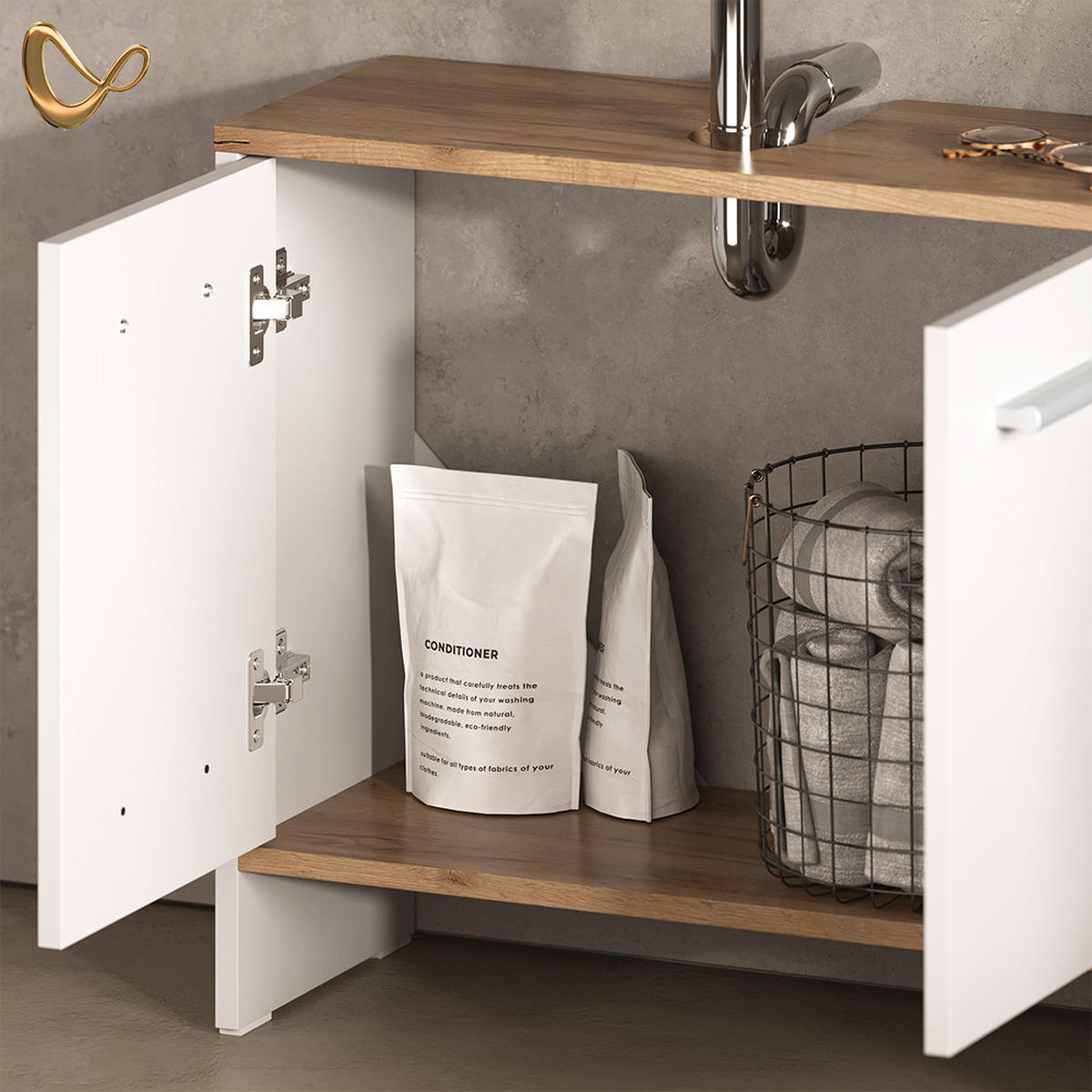 BADMÖBEL-SET Amalfi Weiß/Goldkraft Eiche 3-teilig - Honigeiche/Weiß, Holzwerkstoff (131.4/108.2/26.3cm) - Livinity®