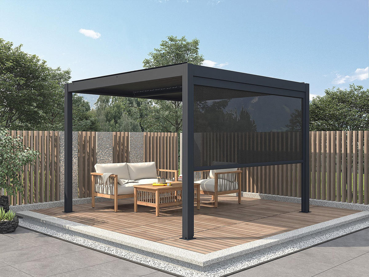 TERRASSENDACH bioklimatisch freistehend aus Aluminium mit verstellbaren Lamellen & ausziehbarer Seitenmarkise 2,78 m - 12 m² - Anthrazit - AMADORA - Anthrazit, Metall (395/220/305cm) - Vente-Unique