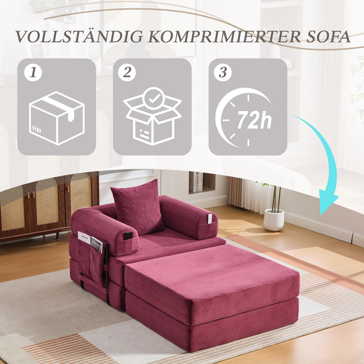 MODULARES Cordsofa 112/190/67 cm aus Cord mit Hocker und montagefreiem Komfort Weinrot - Weinrot, Textil (190/67/112cm) - Modenvie