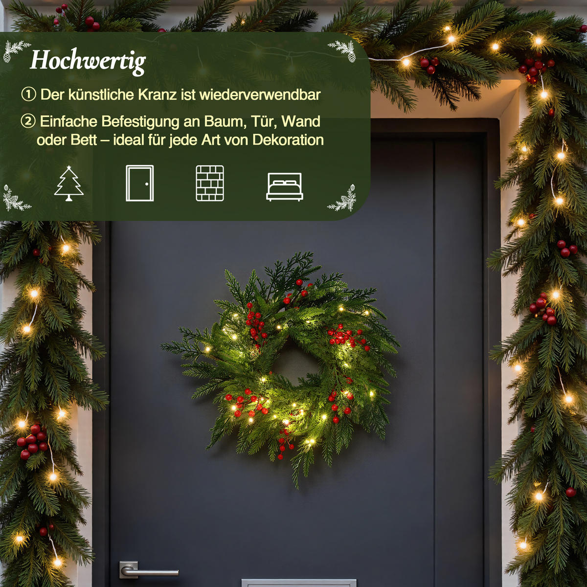 WEIHNACHTSKRANZ mit 25 LEDs & Timer - Smaragdgrün, Naturmaterialien (40cm) - Hometopia