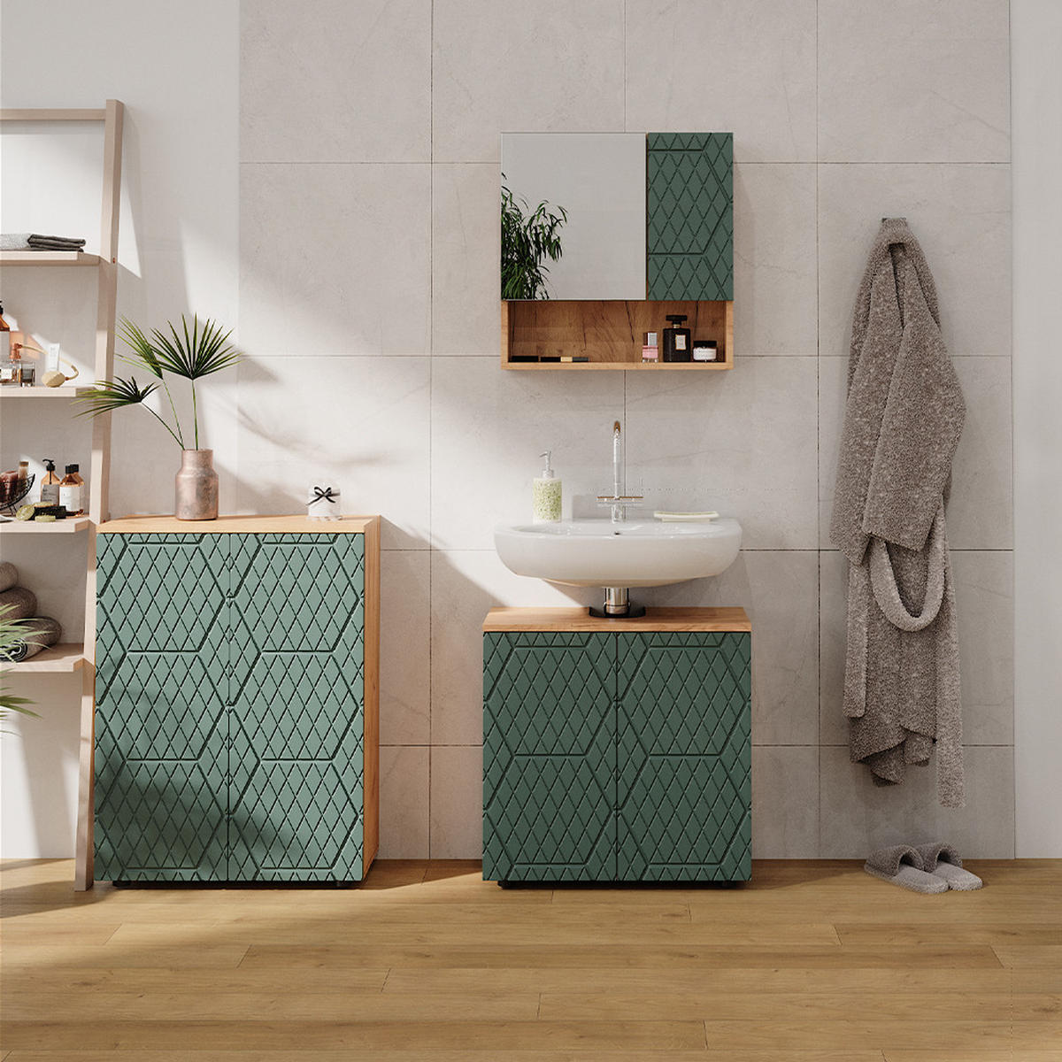 BADMÖBEL-SET Irma Grün 3 Teile, mit Unterschrank 60 cm - Honigeiche/Grün, Holzwerkstoff (80/58.6/41cm) - Vicco
