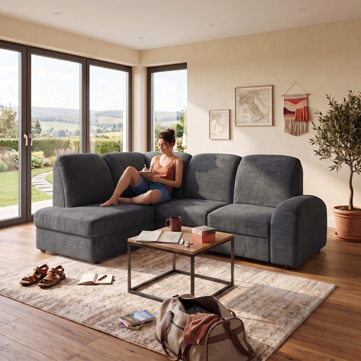 ECKSOFA VIBE L Links mit Schlaffunktion 129x205 Chenille Anthrazit - Anthrazit/Schwarz, Holz/Kunststoff (186/250cm) - Muffo