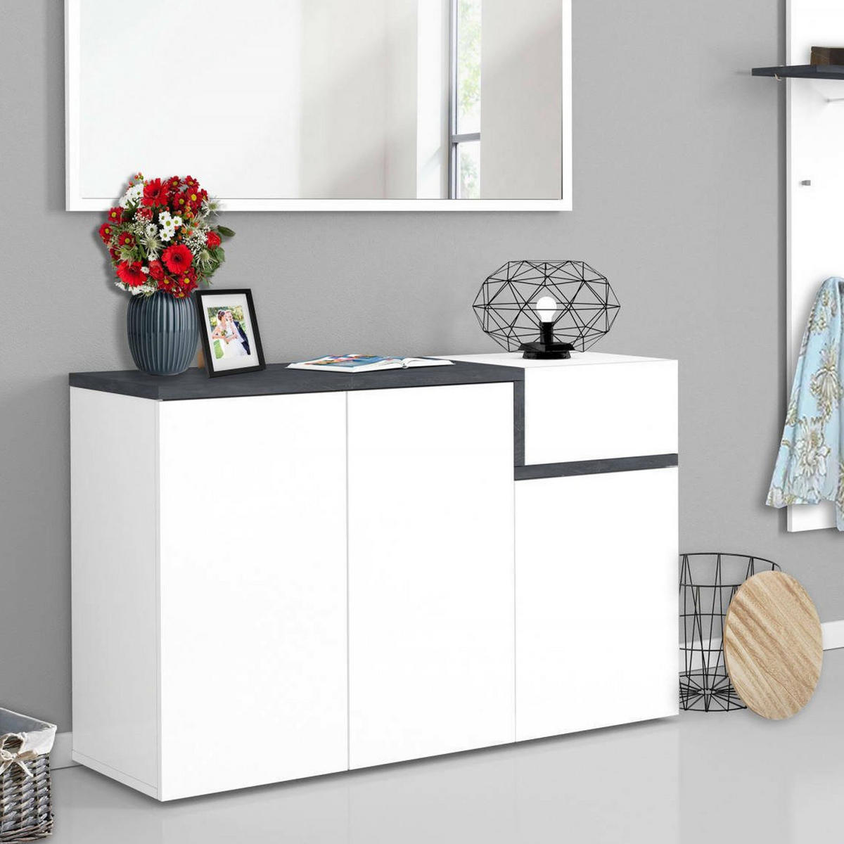 SCHUHSCHRANK Glänzendes Weiß, Schiefer 40/120/80 cm - Schieferfarben/Weiß, Holzwerkstoff (120/80/40cm) - DMORA