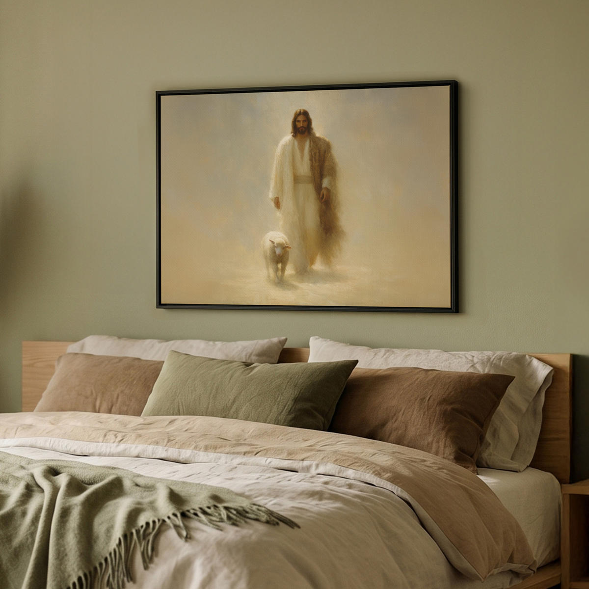 LEINWAND Bilder mit Rahmen - Schaf - Jesus - Pinselstriche - Abstrakt - 70x50 - Beige, Textil (70/50cm) - MuchoWow