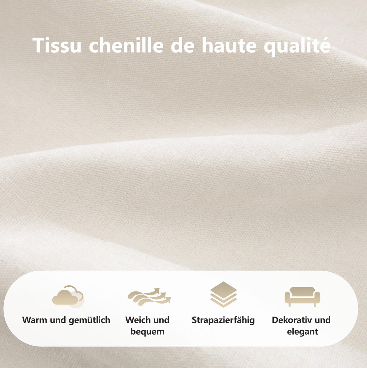 SOFA in Hellbeige aus Chenille mit rahmenlosem Design und hoher Belastbarkeit - Beige, Textil (95/76/281cm) - Flora Grace