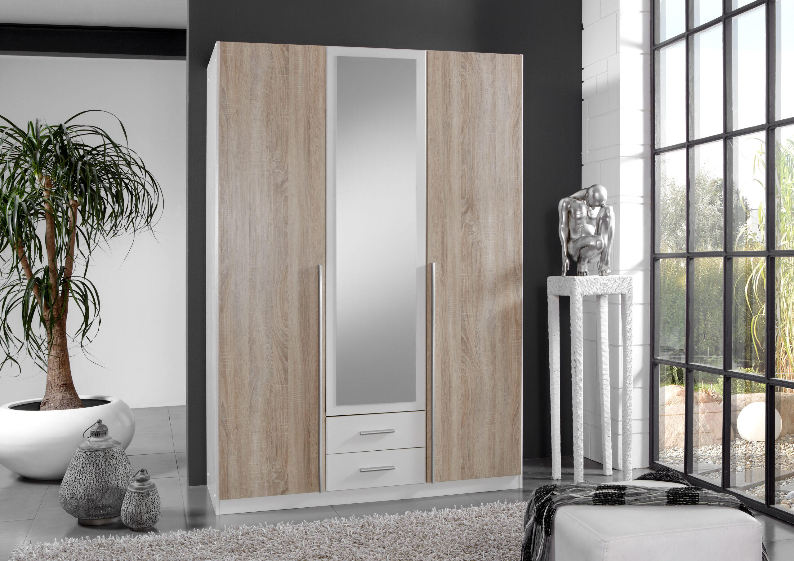 DREHTÜRENSCHRANK Skate Weiß mit Eiche Sägerau 135x197x58 cm BxHxT Kleiderschrank - Weiß, Holzwerkstoff (80/200/120cm)