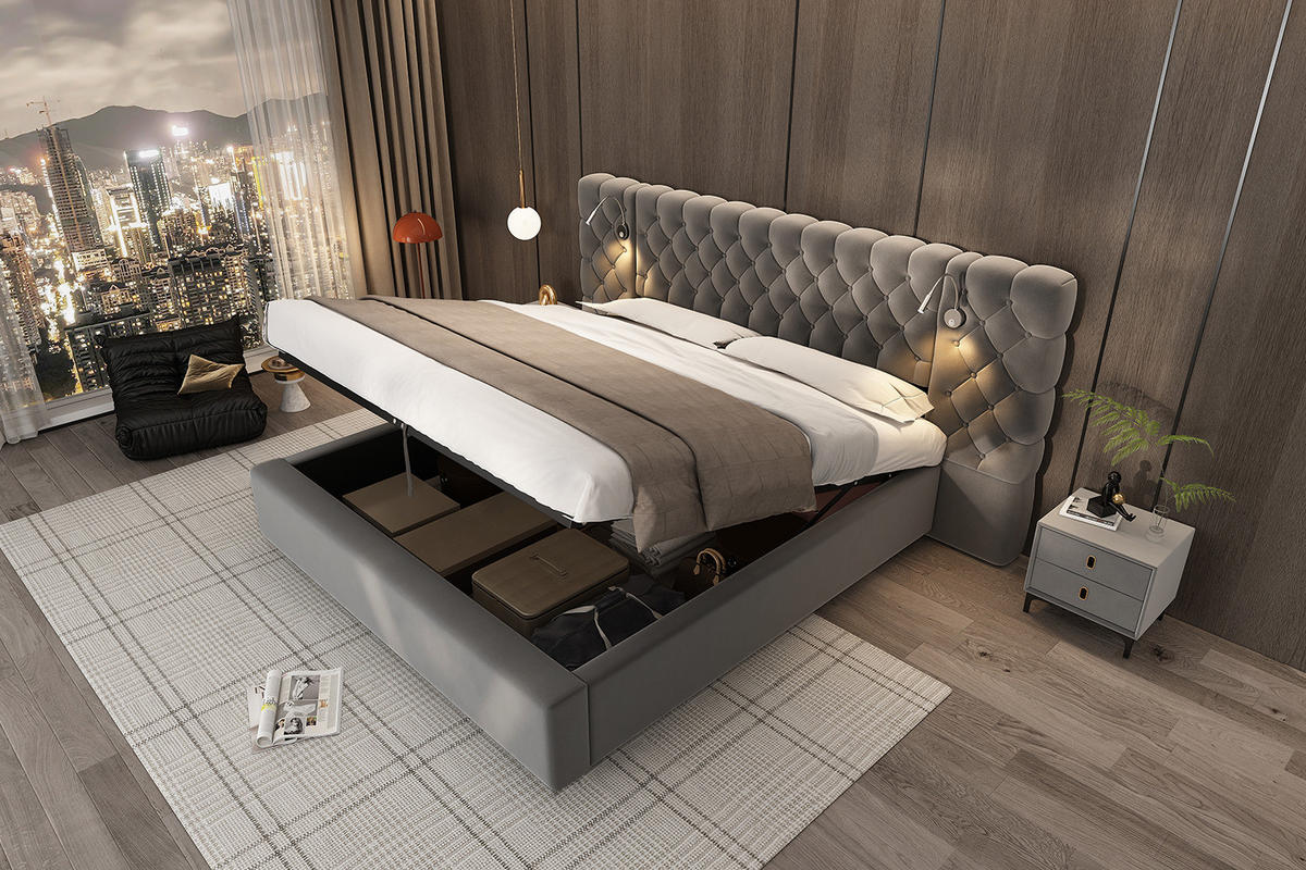 POLSTERBETT 160/200 cm Grau aus Samt mit Stauraum und Leselicht - Grau, Textil (160/200cm) - OKMYHOME
