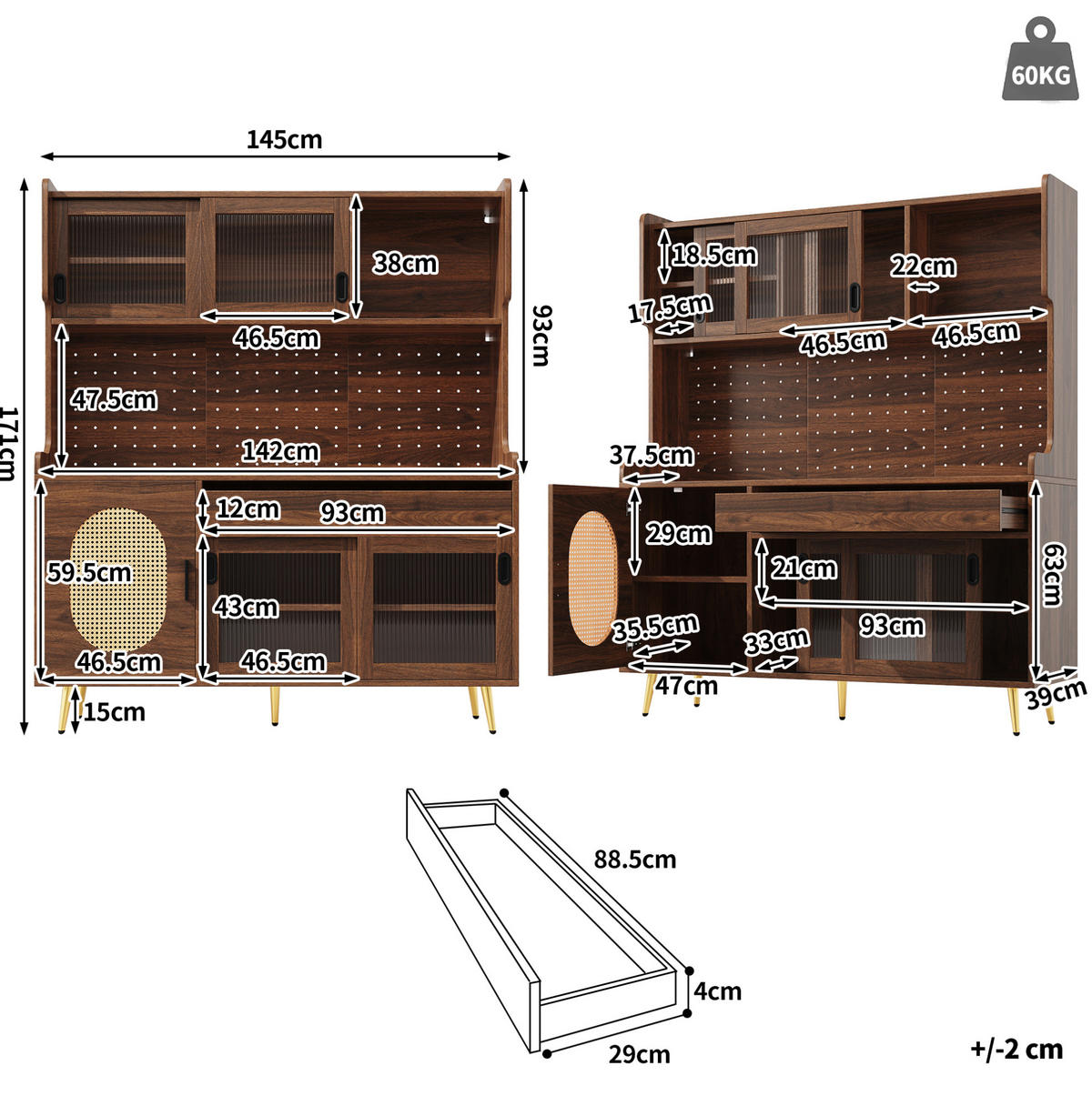 BUFFETSCHRANK mit LED-Lichtleiste 145 x 39 x 171 cm MDF Braun - Braun, Holzwerkstoff (39/171/145cm) - Meubliv