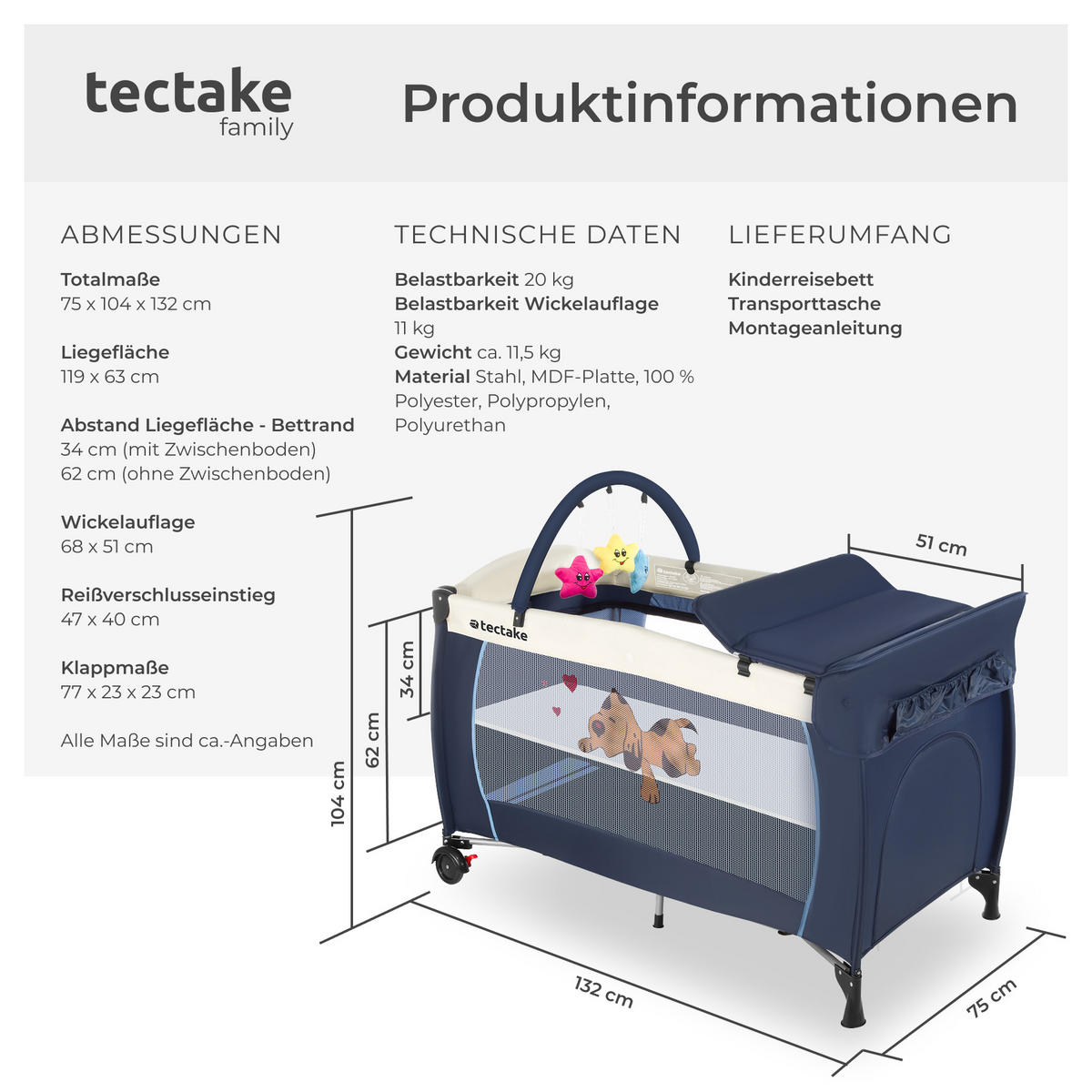 KINDER REISEBETT Hund,inklusive Tragetasche, 132 x 75 x 104 cm,blau - Blau, Kunststoff (75/104/132cm) - tectake