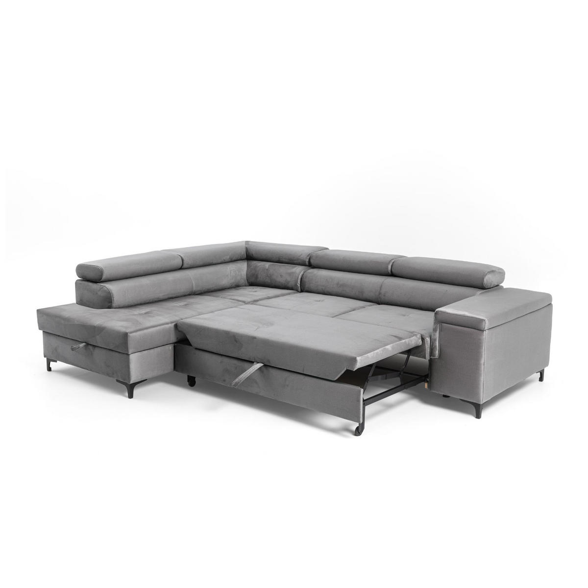 ECKSOFA WILLIAM L Links mit Schlaffunktion 127x195 Velours Hellgrau - Silberfarben/Hellgrau, Holz/Textil (275/203cm) - Muffo