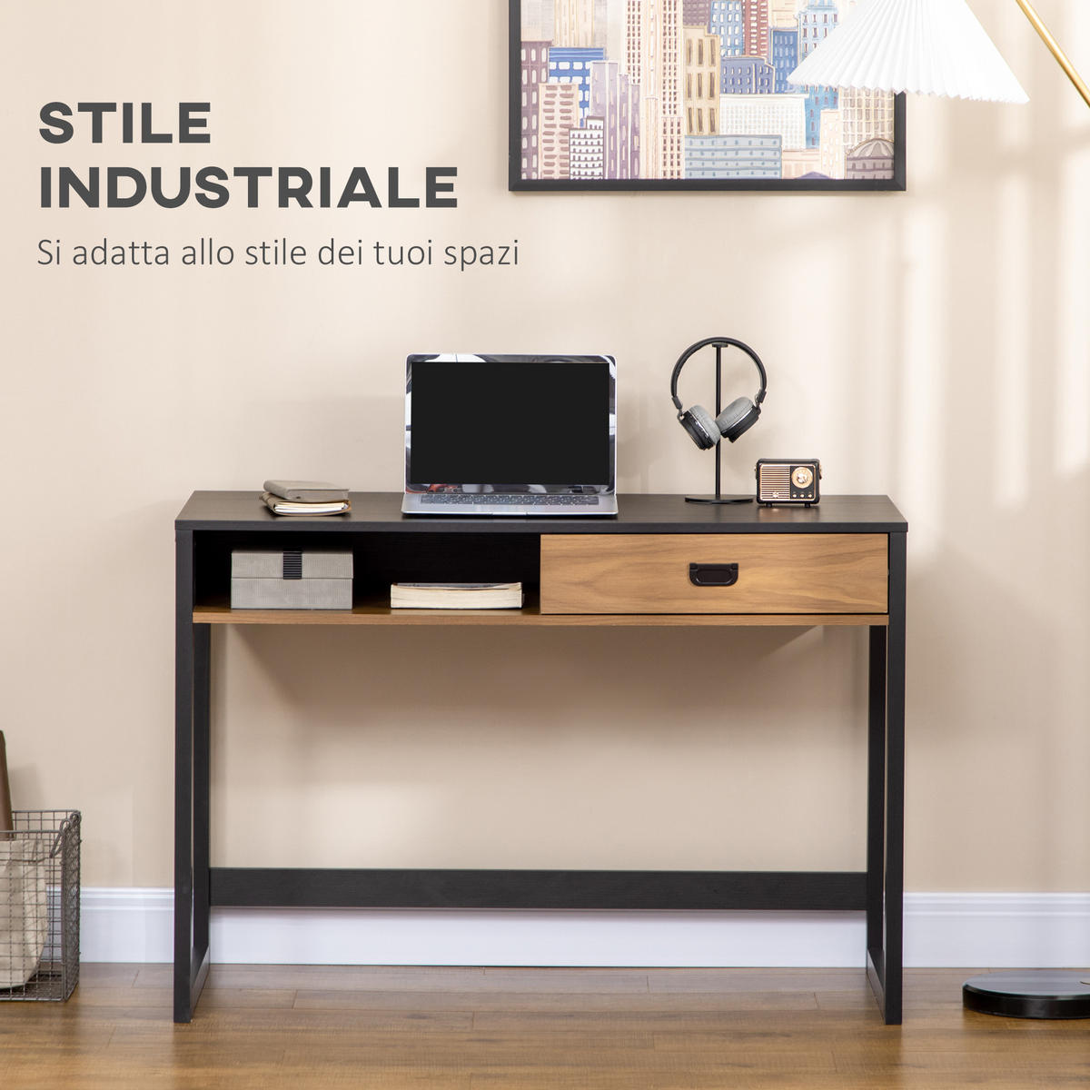 BÜROTISCH Walnuss und Schwarz 1 Stück - Multicolor, Holzwerkstoff (107/60/76cm) - GiPP