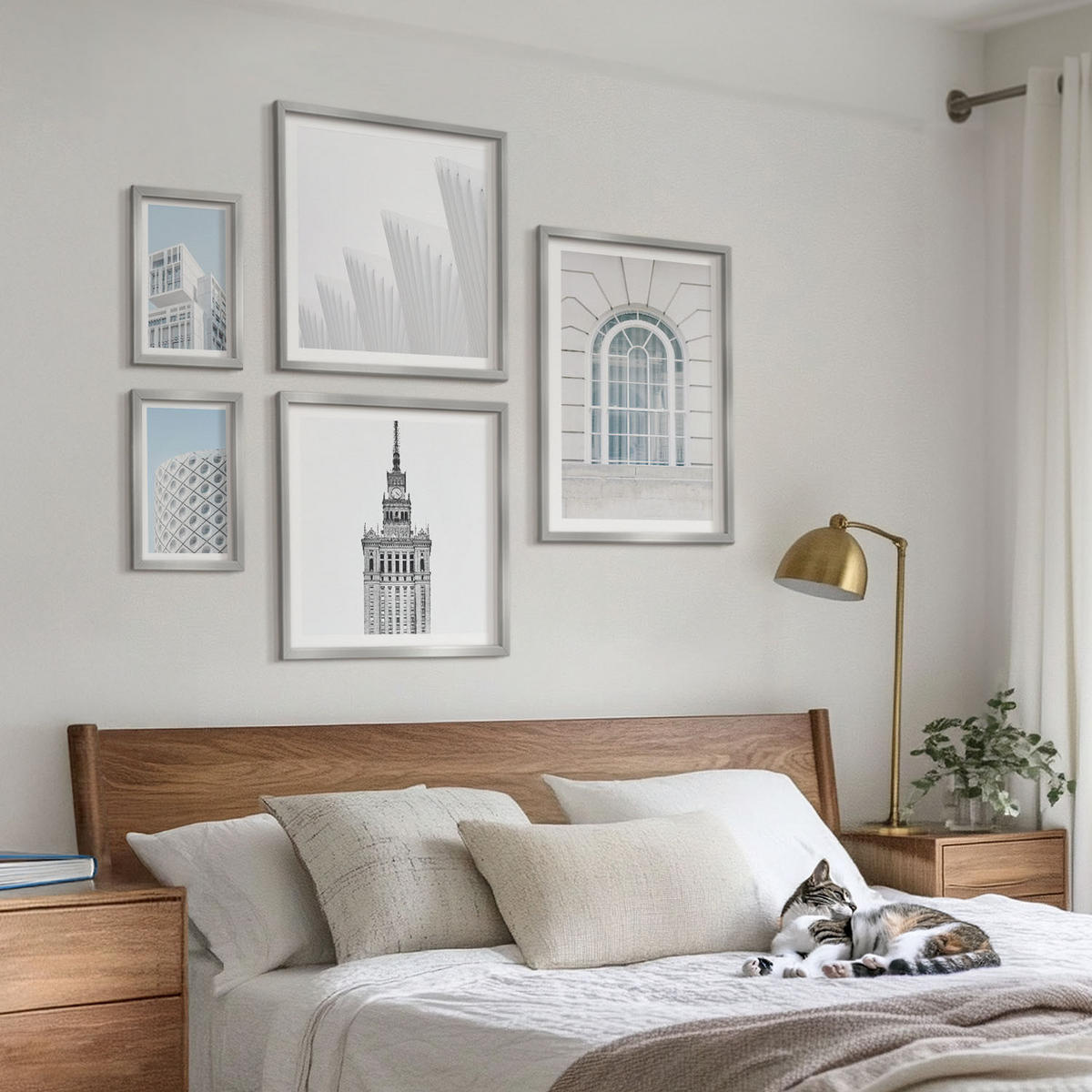 BILDER SET 5er Set - 50x50 cm & 20x30 cm & 40x60 cm Silberner Rahmen - Moderne Architekturgeometrie - Silberfarben, Kunststoff (40/60cm) - TULUP