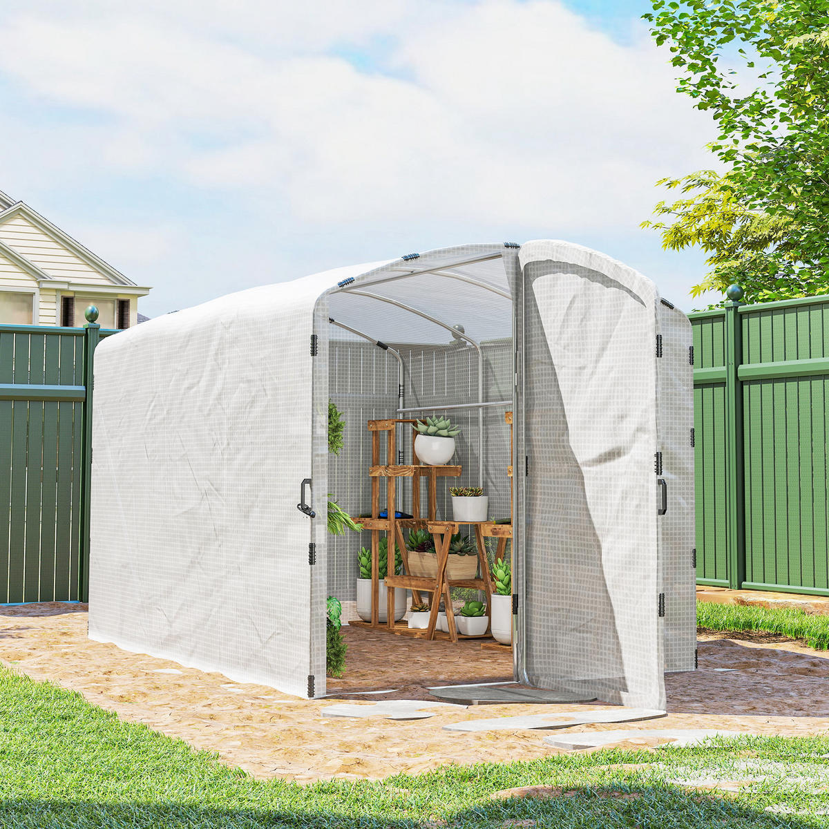 GEWÄCHSHAUS DE-12060 mit verstärkter 220 g/m² PE-Bache Weiß - Weiß, Metall (200/195/300cm) - ComfortXL