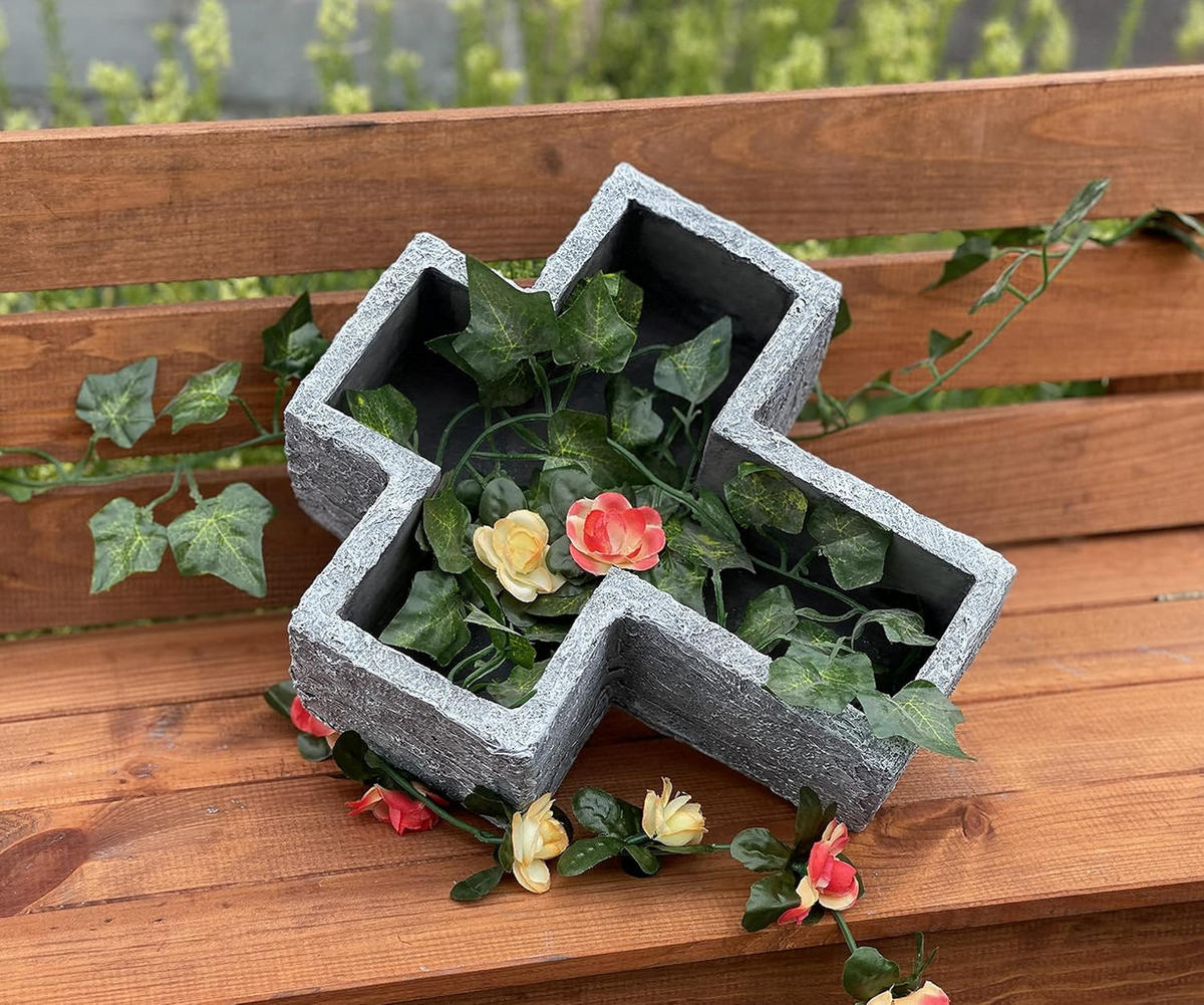 STEINFIGUR Grabkreuz Pflanzschale frostfest Steinguss - Grau, Stein (23/8/26cm) - stoneandstyle