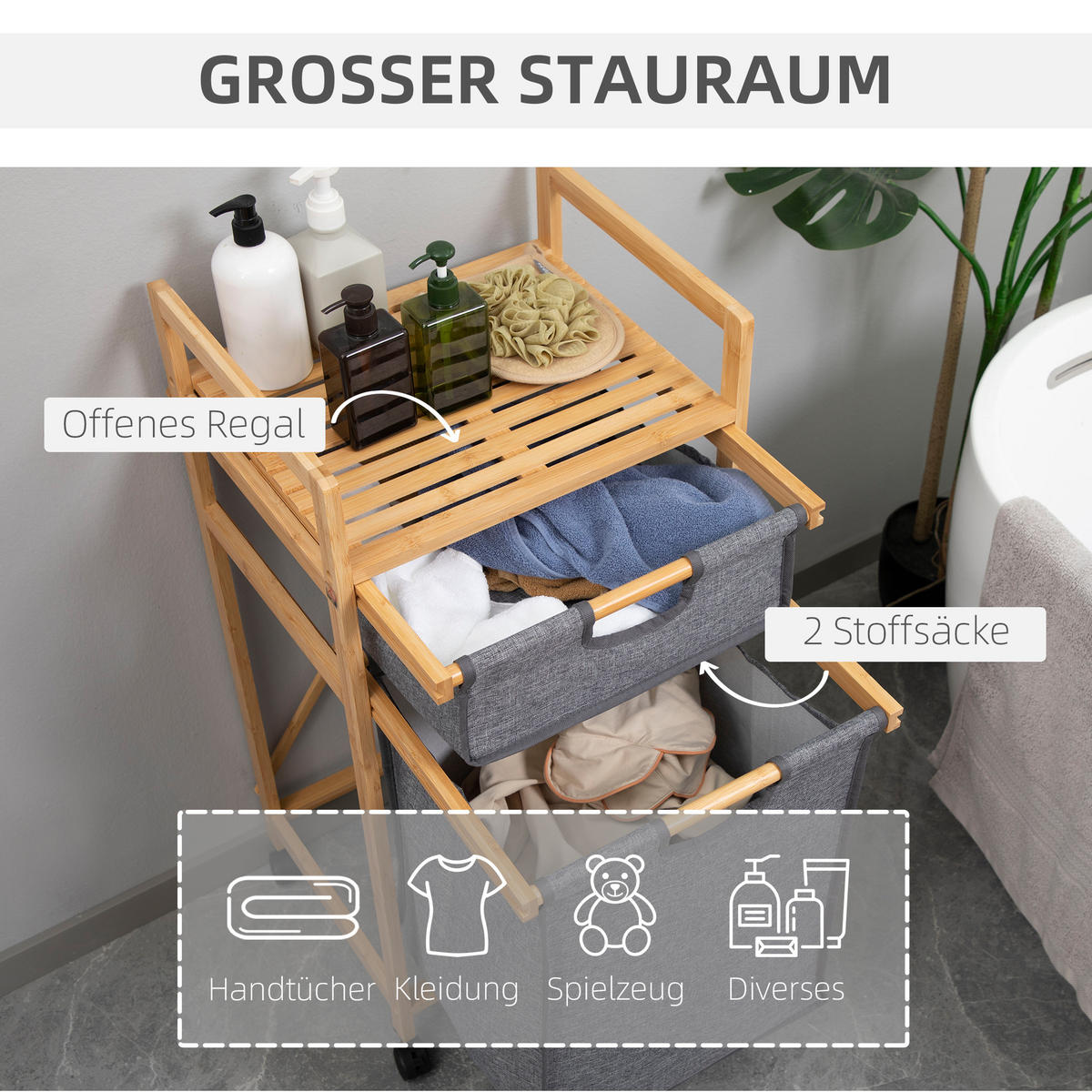 WÄSCHEKORB, Bambus, Polyester Natur+Grau - Naturfarben/Grau, Naturmaterialien (35/84.5/42cm) - HOMCOM