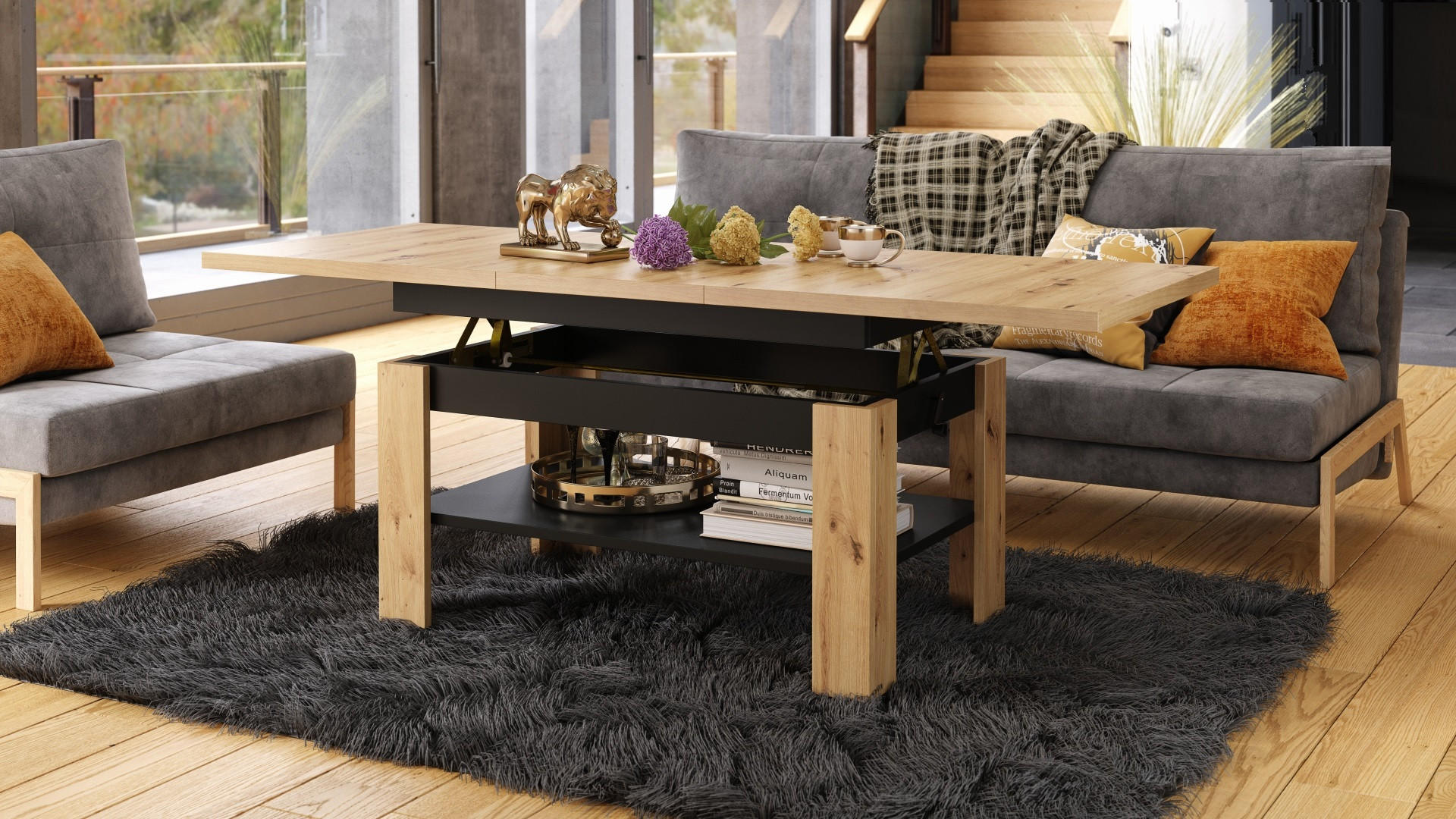 COUCHTISCH rechteckig Eiche Gold - Schwarz ausziehbar höhenverstellbar - Eichefarben/Schwarz, Holzwerkstoff (65/130/58cm) - designimpex
