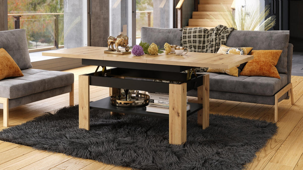 COUCHTISCH rechteckig Eiche Gold - Schwarz ausziehbar höhenverstellbar - Eichefarben/Schwarz, Holzwerkstoff (65/130/58cm) - designimpex