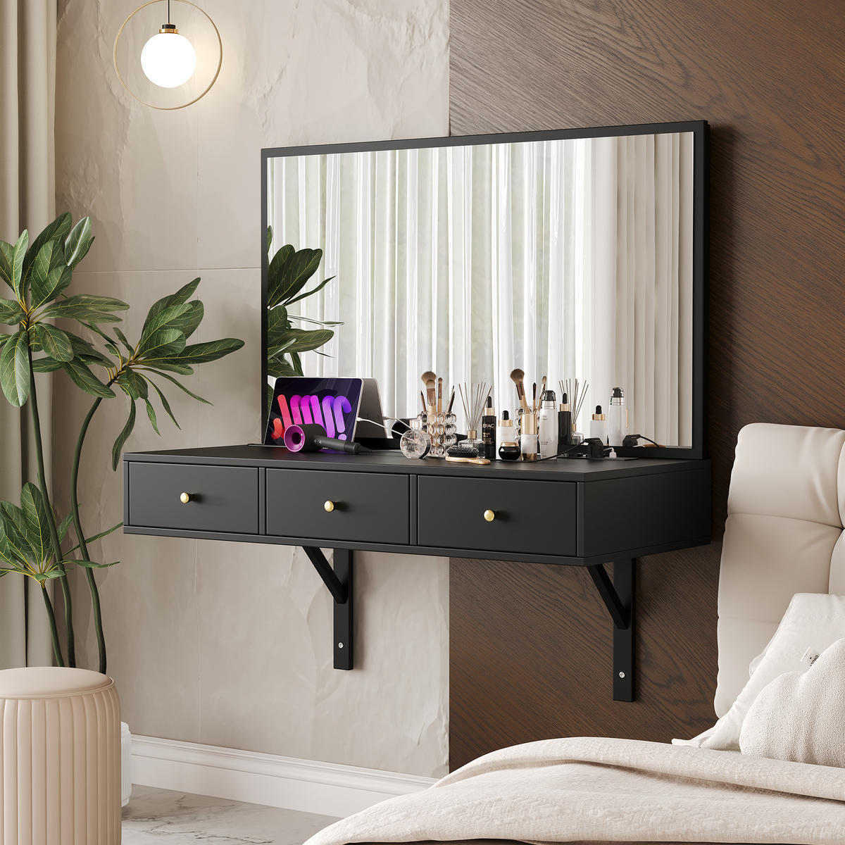 SCHMINKTISCH Schwarz LED Spiegel 3 Schubladen 100x45x105cm - Schwarz, Holzwerkstoff (45/105/100cm) - FLIEKS