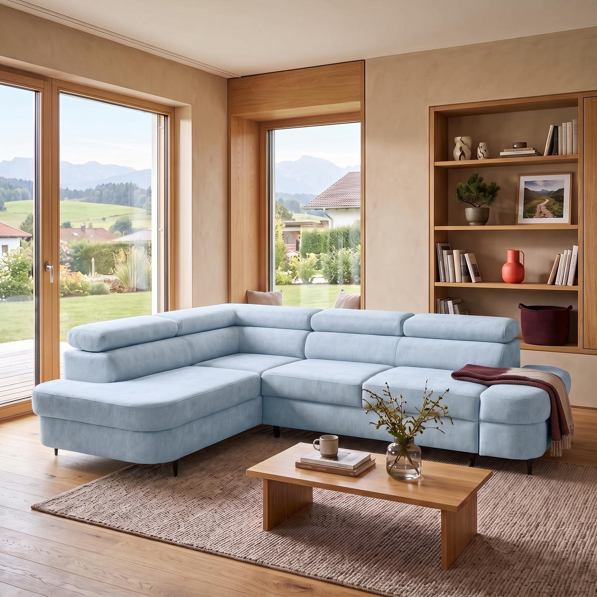 ECKSOFA PRIAM L Links mit Schlaffunktion 125x195 Velours Hellblau - Schwarz/Hellblau, Holz/Textil (203/275cm) - Muffo
