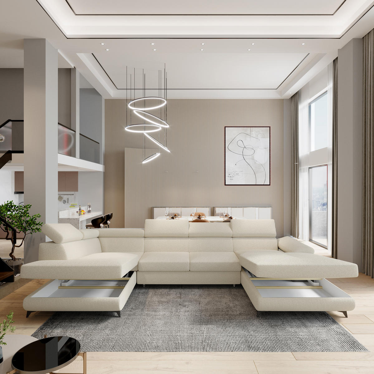 WOHNLANDSCHAFT RUBANO L-S Creme Boucle-Stoff mit Schlaffunktion - Creme, Holz (339/89/190cm) - MASSENO