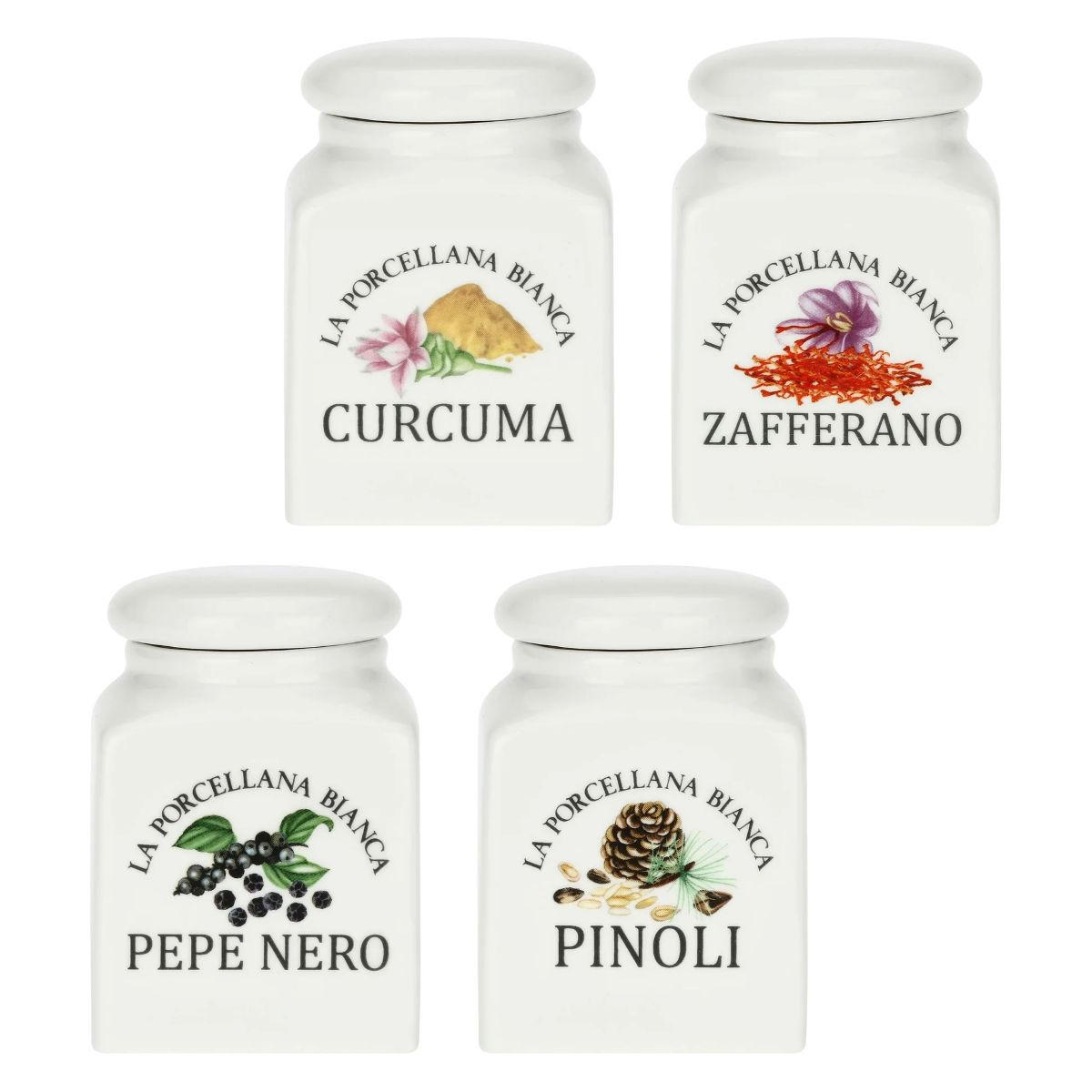 GEWÜRZDOSEN-SET 4-teilig Curcuma, Zafferano, Pepe Nero und Pinoli - 0,175 l - Multicolor, Keramik - La Porcellana Bianca